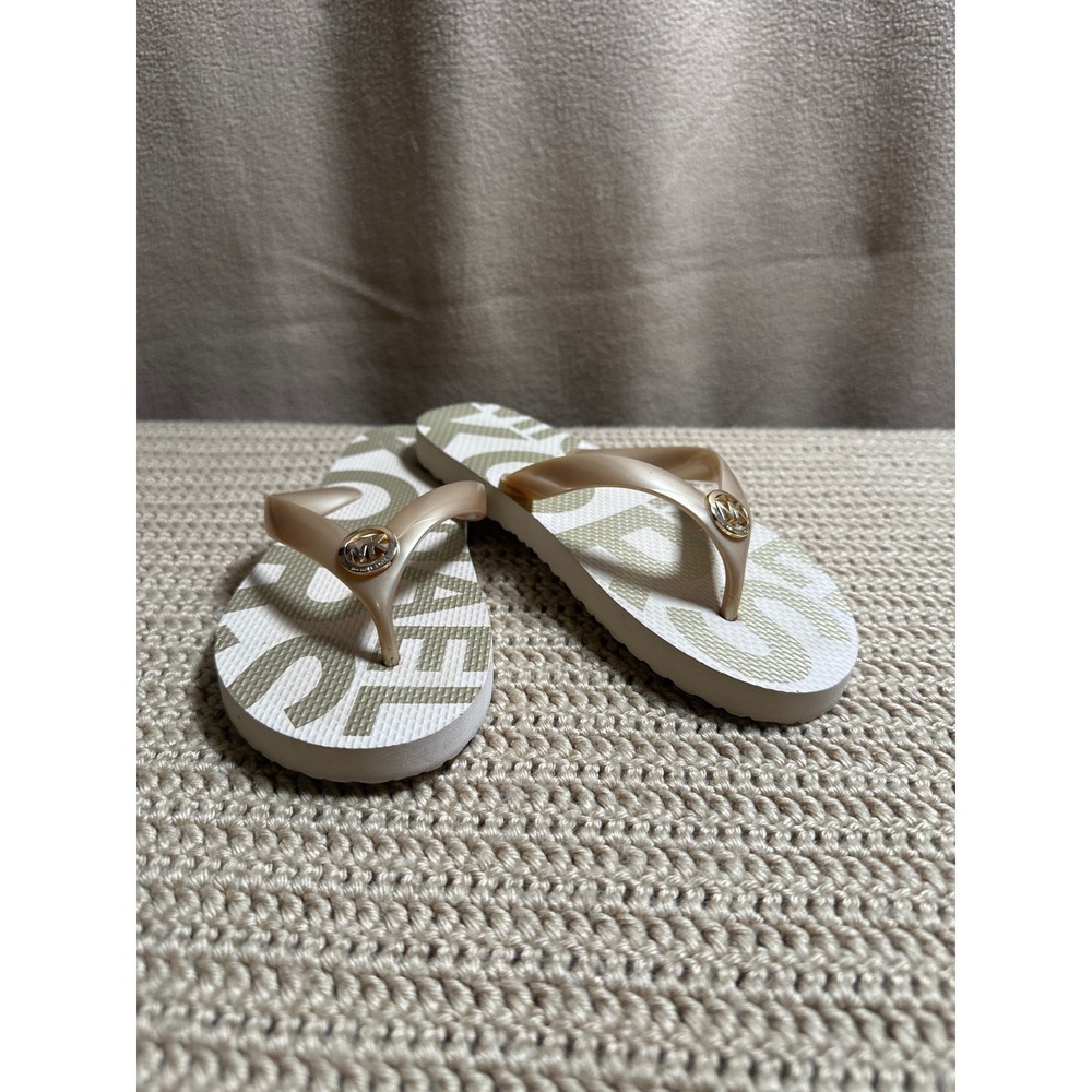 Michael Kors Women 7M Champagne Gold MK Logo Designer Flip Flop Sandals Summer